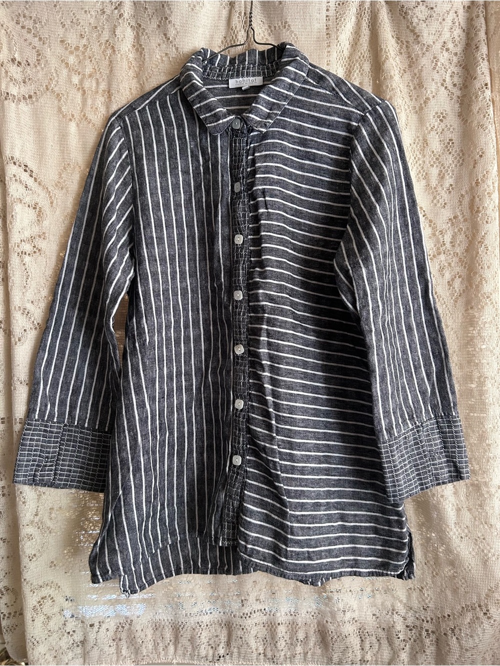 Habitat Striped Button-Up Cotton Linen Tunic Top in Charcoal & White